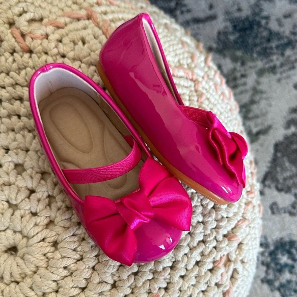 New Boutique Toddler Girl Dress Shoes Pink Bow Front Comfort Padding Size 6.5